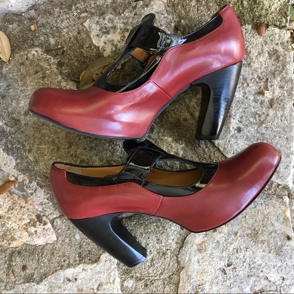 John Fluevog Red and Black Heels with Blue Accents - Picture 3 of 4